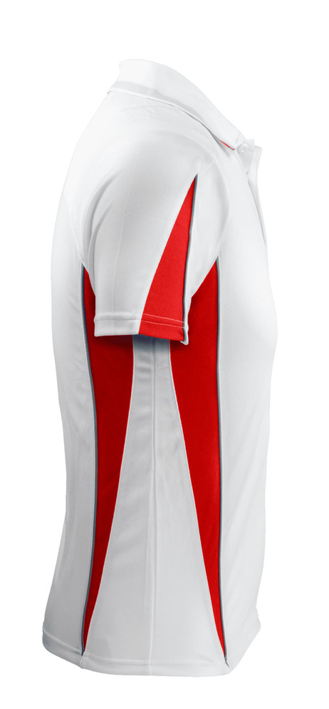 A white polo shirt with red accents and a branding logo on the side.