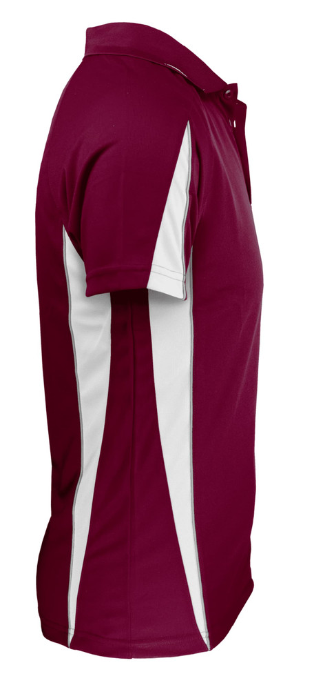 A maroon polo shirt featuring white side panels and a collar, with a logo on the front.