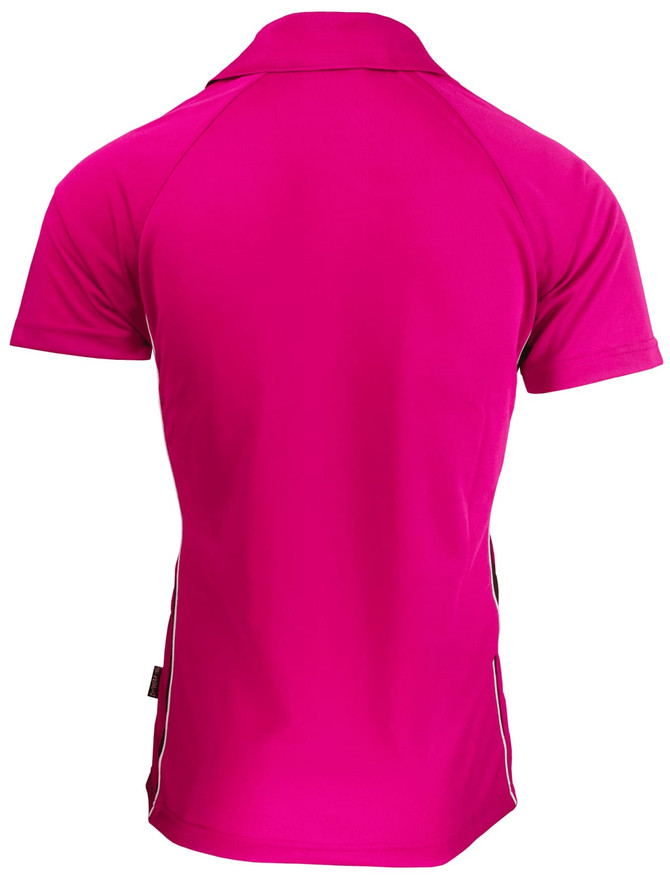 A vibrant pink polo shirt with a fitted design, featuring a contrasting side stripe and a logo detail.