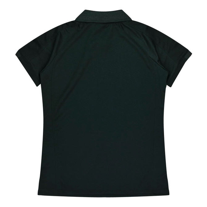 A dark green polo shirt with a short sleeve and a classic collar design. The back view is displayed.