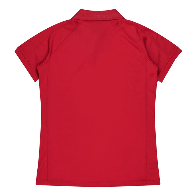 A red polo shirt with a short sleeve design and a collared neckline, featuring a logo on the back.