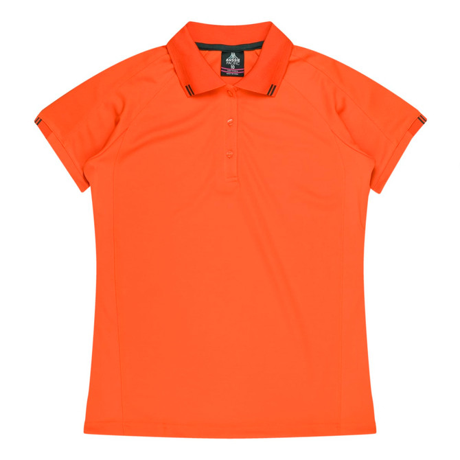 An orange women's polo shirt with a collar and short sleeves, featuring branding.
