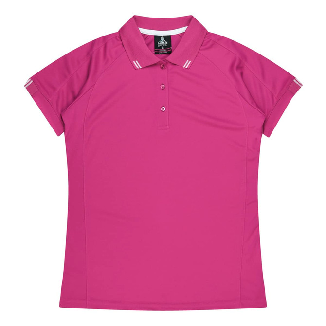 A pink polo shirt with short sleeves and a polo collar, featuring a logo on the collar.