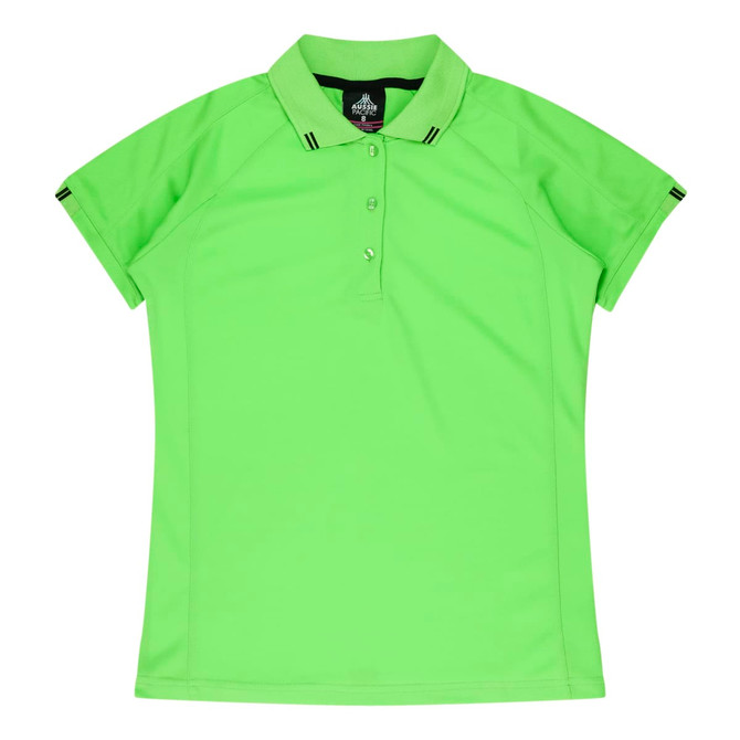 A bright green polo shirt with a collar, featuring a logo and contrasting black stripes on the sleeves.