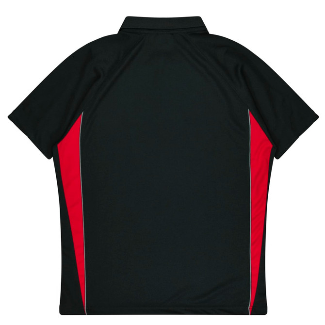 A polo shirt in black with red side accents and a collar, featuring a branding logo.