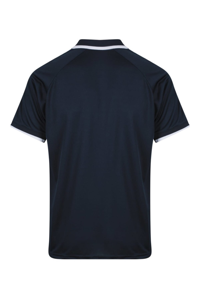 A navy polo shirt featuring a contrasting white trim and a logo on the back.