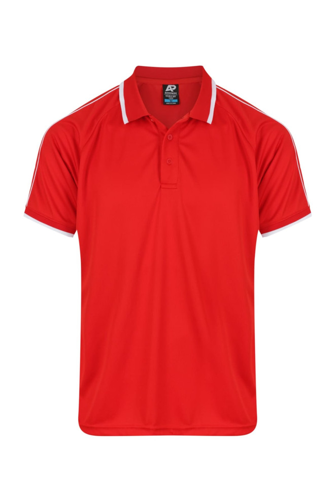A red polo shirt with white stripes on the sleeves and a branding logo on the collar.