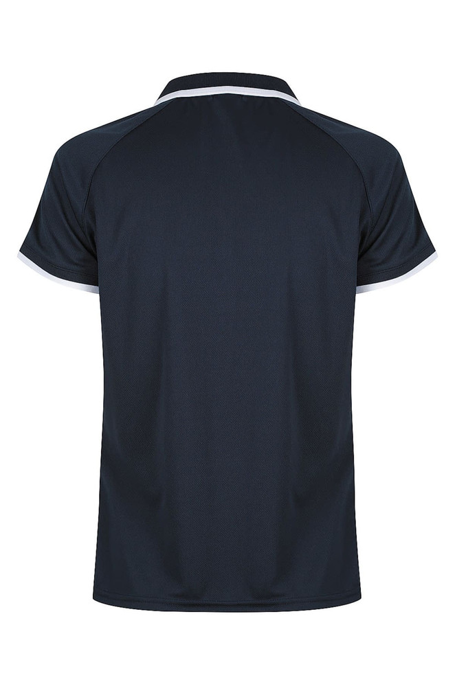 A dark navy polo shirt with a contrasting trim, featuring a simple collar and short sleeves. It has a logo.