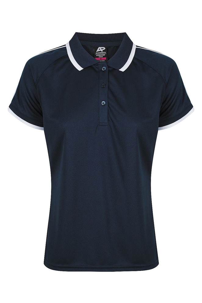 A navy blue polo shirt with a collar, featuring white trim and a logo on the chest area.