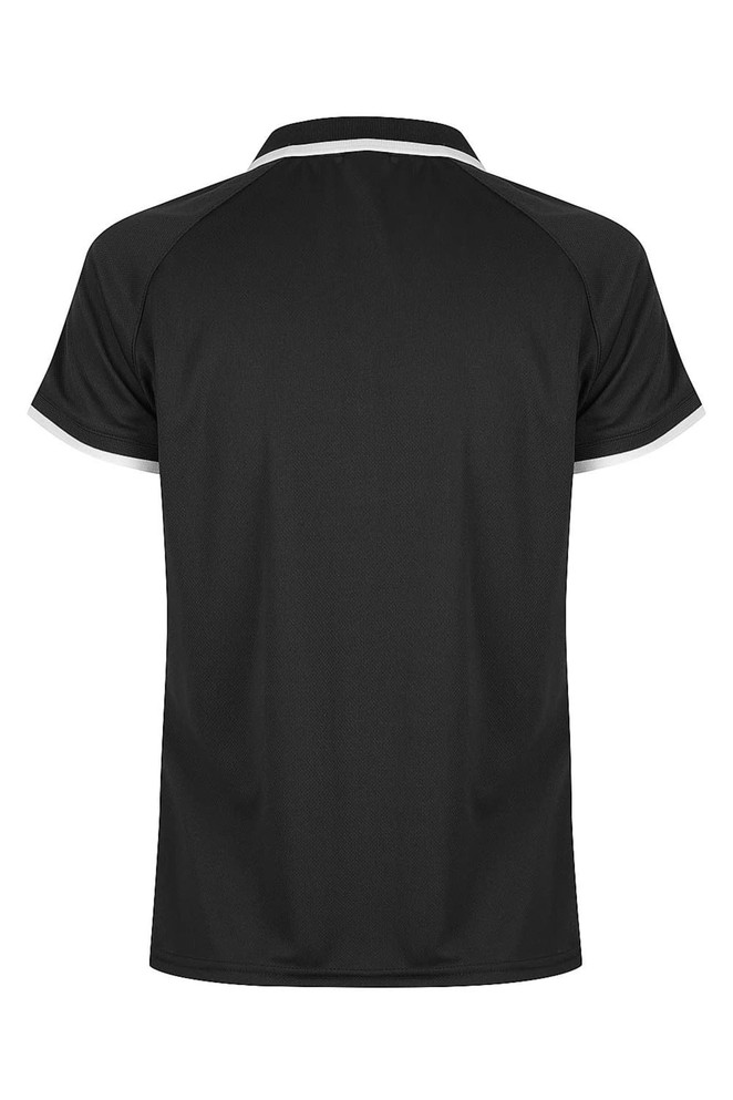 A black polo shirt with a contrasting trim and a logo on the chest.