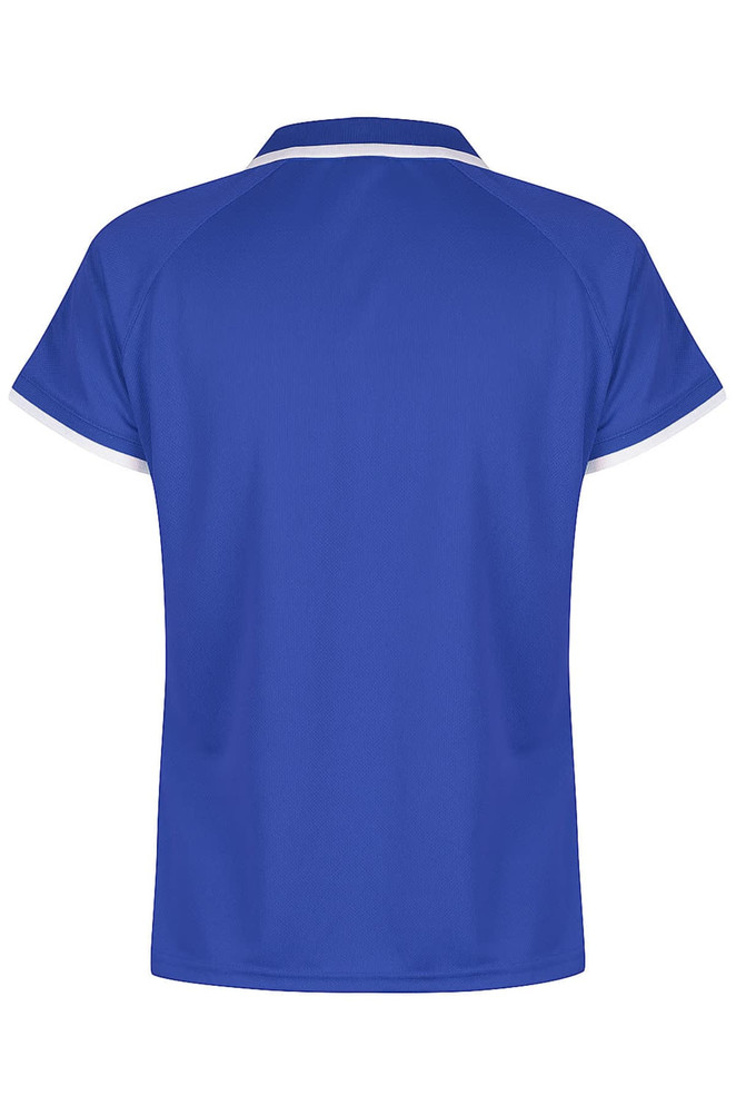 A blue polo shirt featuring a round collar and a simple design, with contrasting trim. It has a logo on the design.