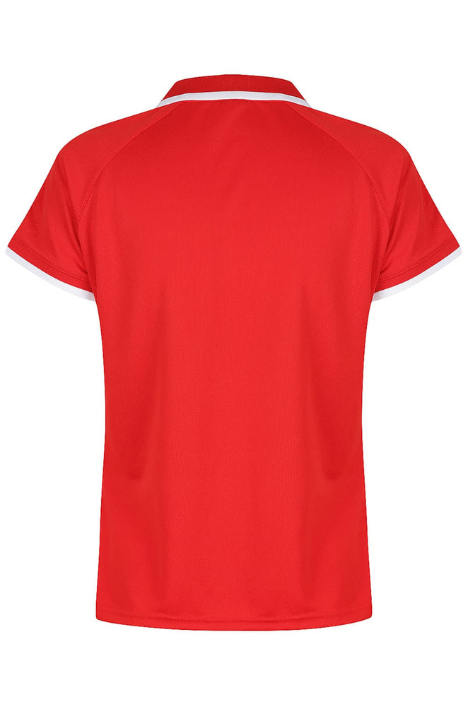 A red polo shirt featuring short sleeves and a contrasting collar, with a logo present.