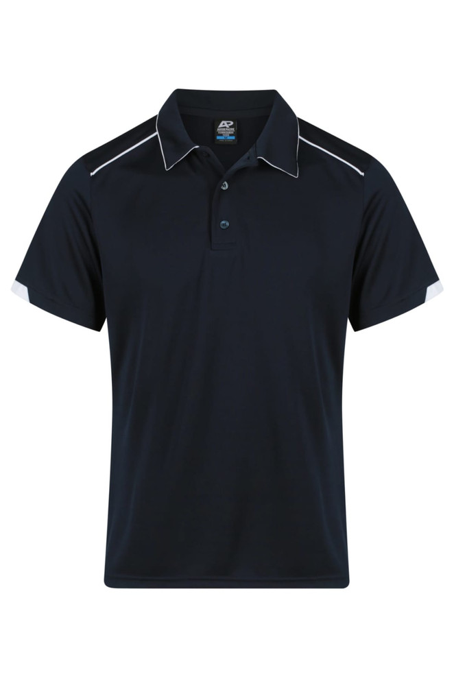 A navy polo shirt with white detailing and a logo, featuring a classic collar and short sleeves.