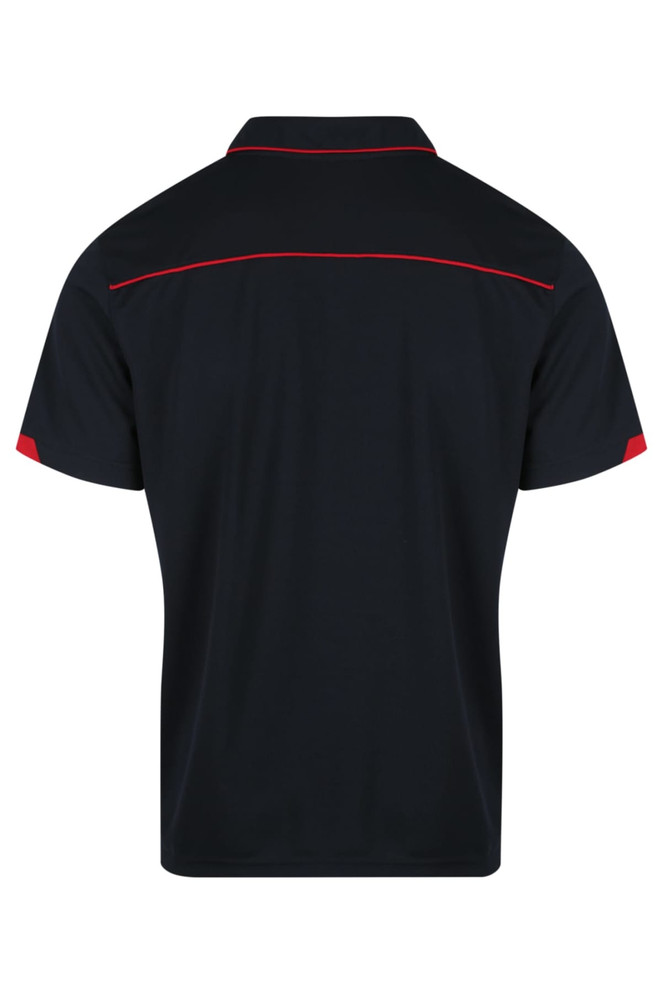 A black polo shirt with red accents, featuring a classic collar and a brand logo.