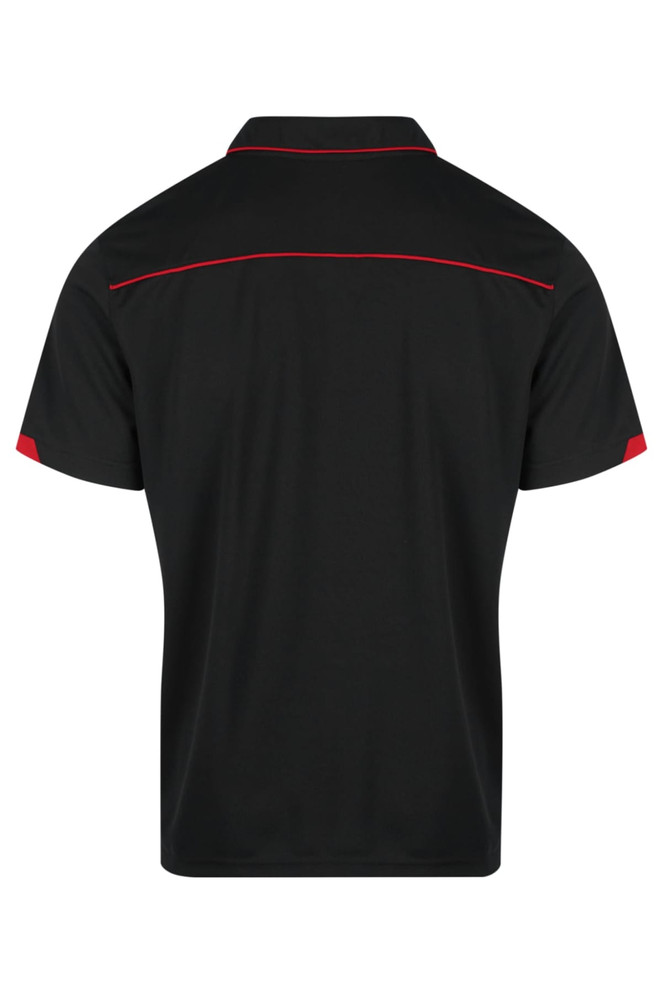 A black polo shirt with red accents and a logo on the back.