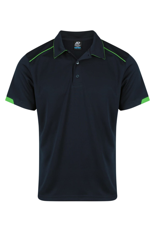 A navy polo shirt with green accents and a logo on the chest. Short sleeves and a classic collar design.
