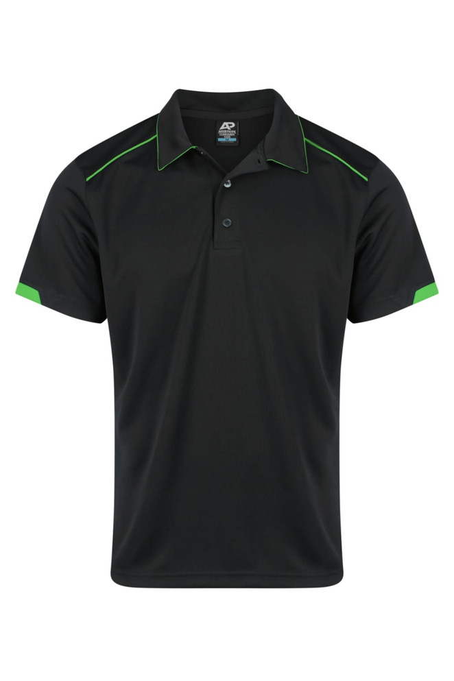 A black polo shirt with green accents and a logo on the chest area. Designed for men's wear.