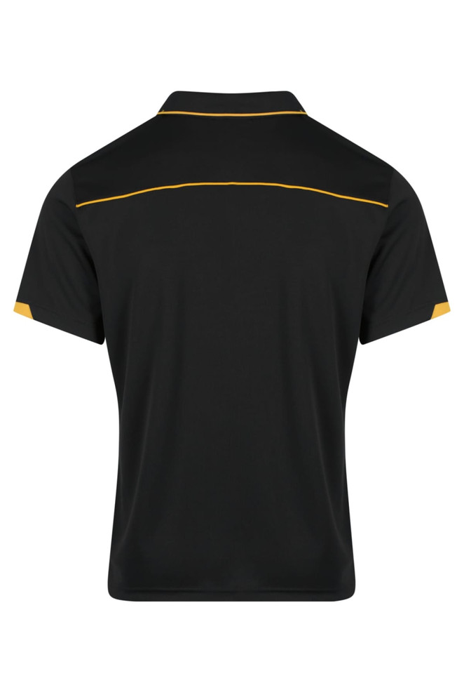 A black polo shirt featuring yellow accents and a logo. The design is simple with a classic collar.