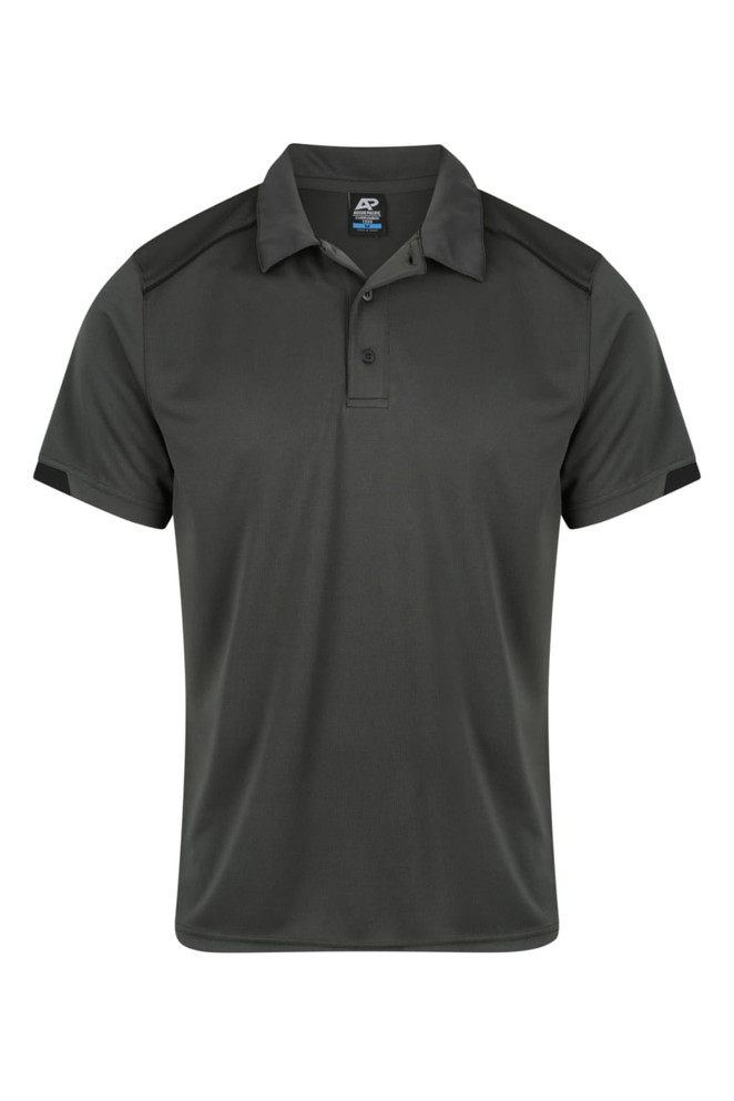 A men's polo shirt in a dark green colour with black accents on the shoulders and sleeves. It features a branded logo.