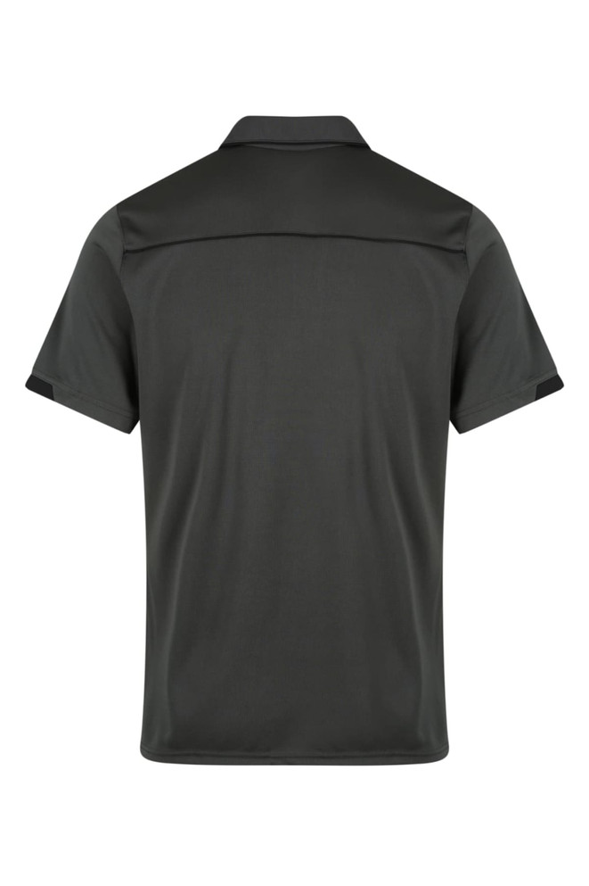 A dark green polo shirt with a classic collar and short sleeves, featuring a logo on the back.