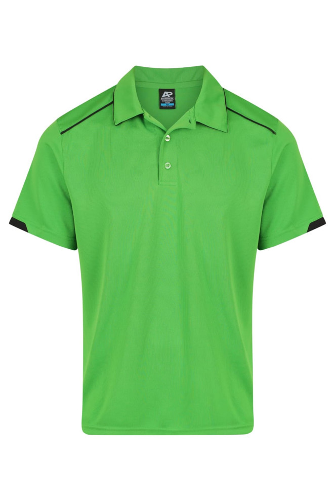A bright green polo shirt featuring black accents and a logo on the chest area.