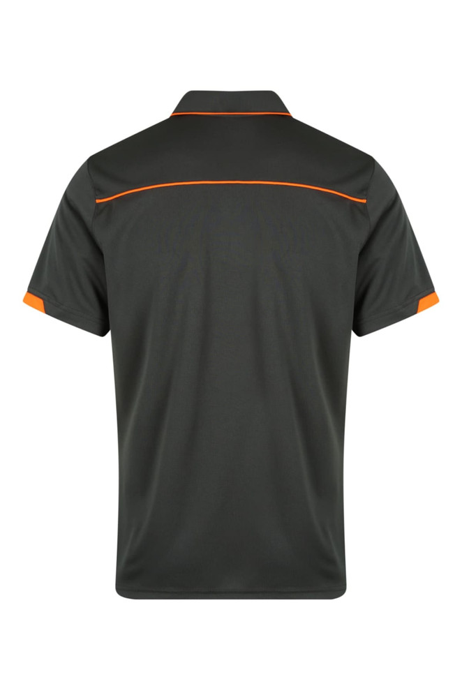 A dark green polo shirt with orange accents, featuring a collar and short sleeves. It has a branding logo.