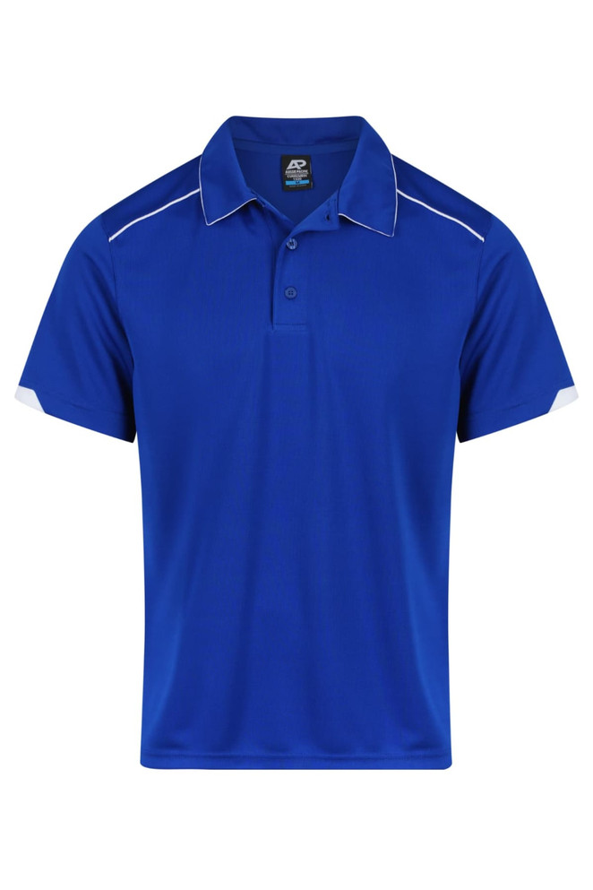 A blue polo shirt with white accents and a branded label on the collar.