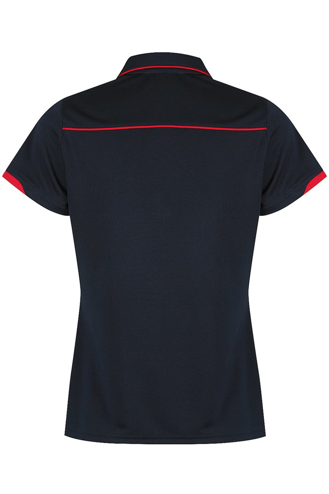 A navy polo shirt with red detailing and a logo on the back.