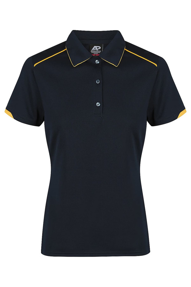 A women's polo shirt in navy with yellow accents, featuring a collar and button placket. It has a logo on the chest.
