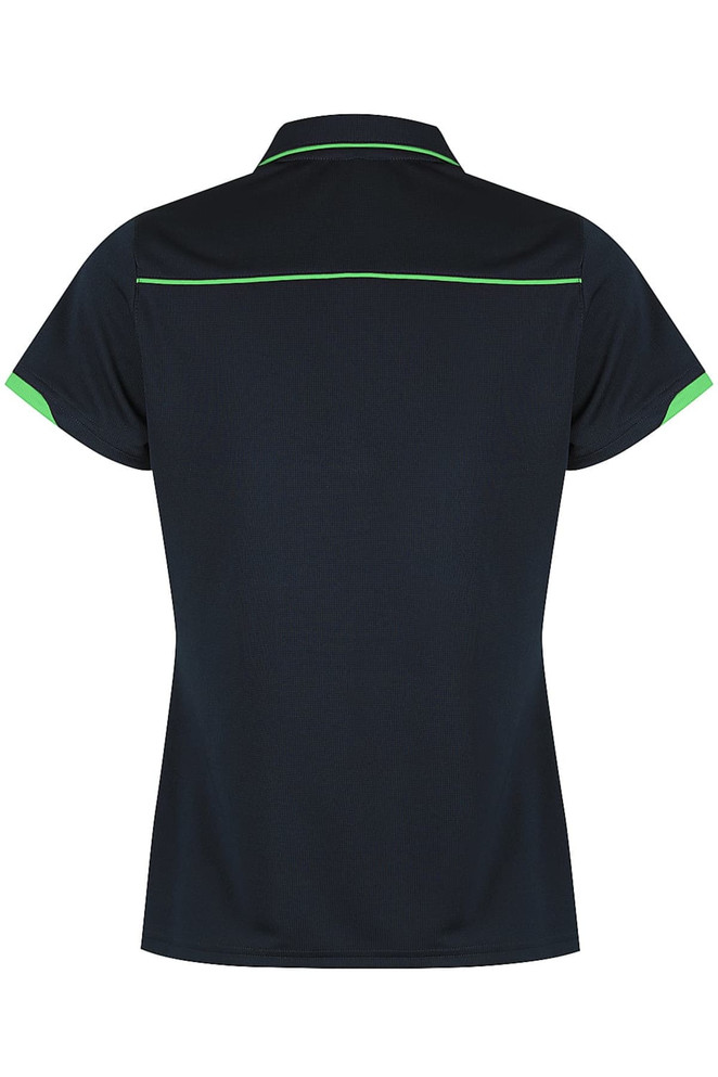 A navy polo shirt featuring green accents and a logo on the back. Suitable for casual or active wear.