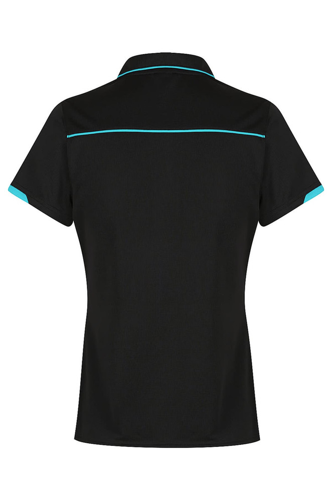 A black polo shirt with turquoise detailing and a logo, featuring a collared neckline and short sleeves.