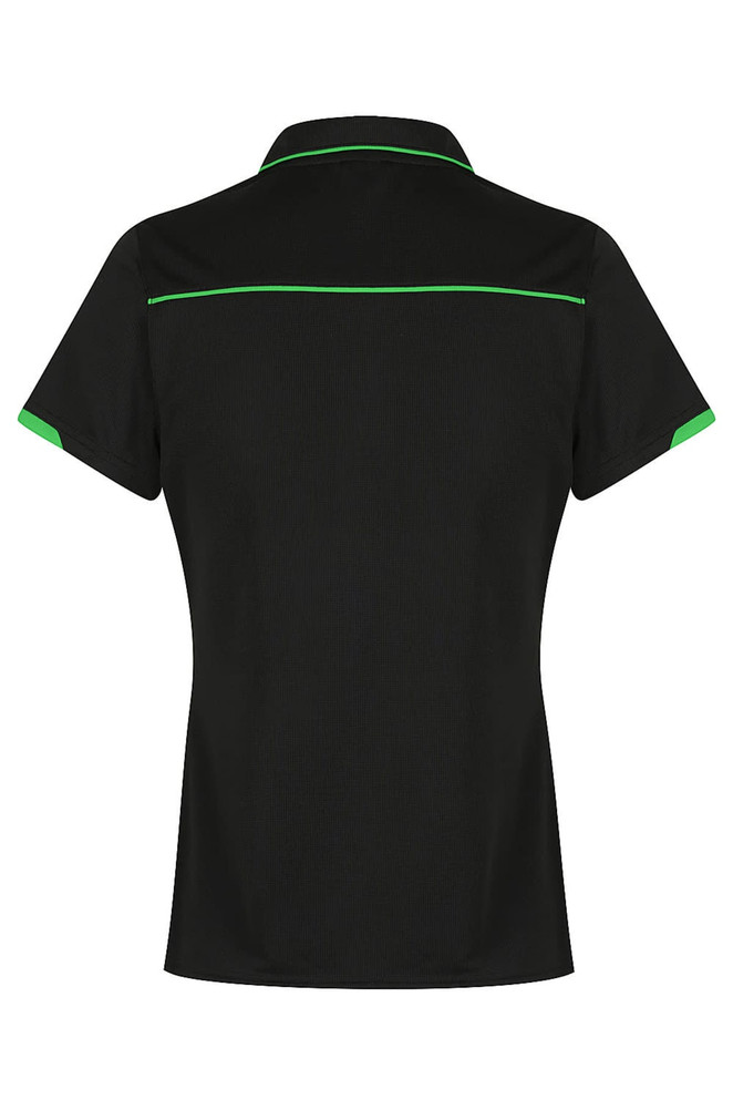 A black polo shirt with green detailing, featuring a collar and short sleeves, and includes a logo.