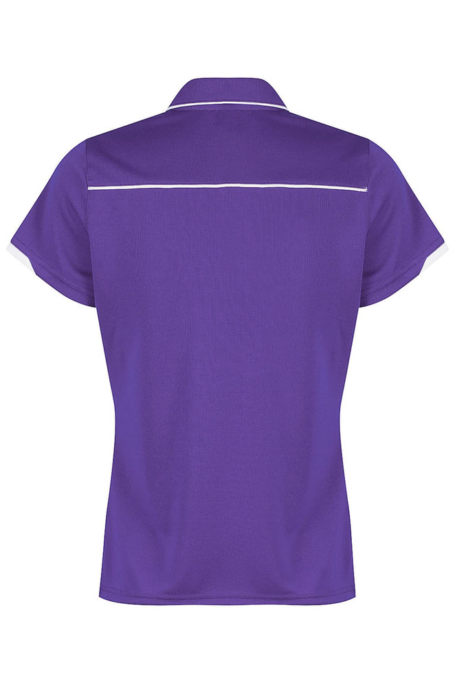 A purple polo shirt with a back view, featuring a white trim and short sleeves. It has a logo.