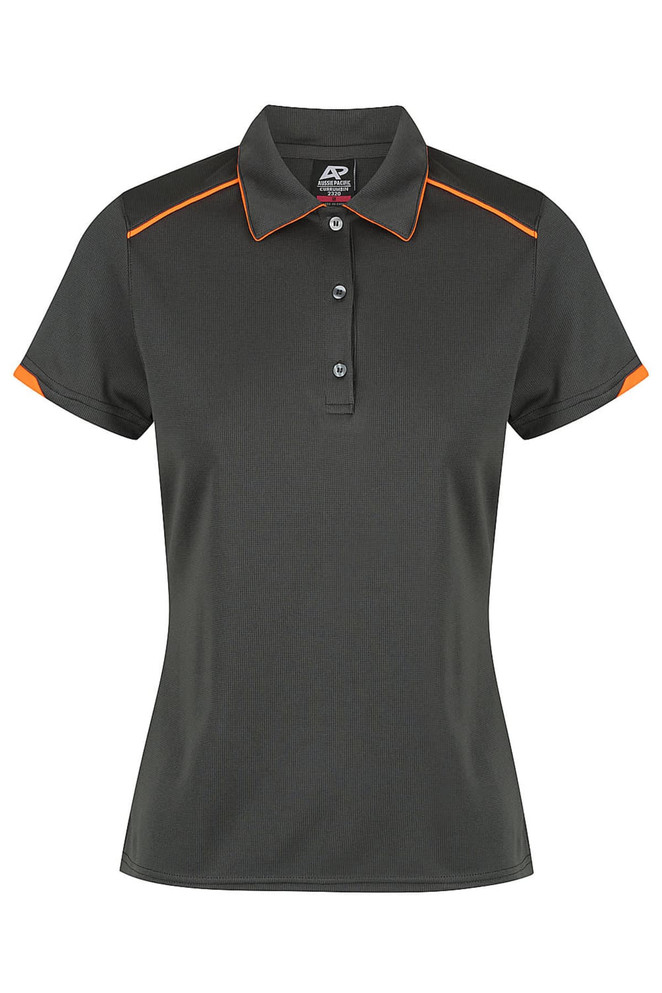 A grey polo shirt with a collar and short sleeves, featuring orange accents and a logo on the chest.