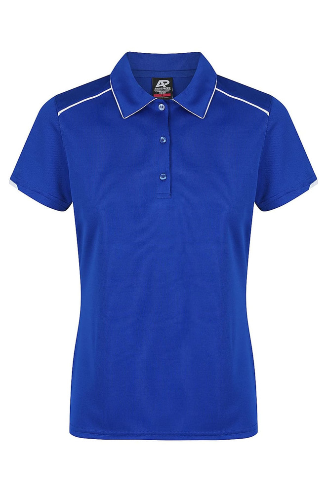 A blue polo shirt with a collar, featuring white piping and buttons, and a logo on the label.