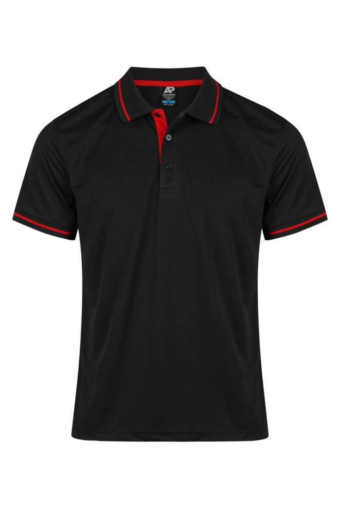 A black polo shirt featuring red collar and sleeve detailing, with a logo on the chest.