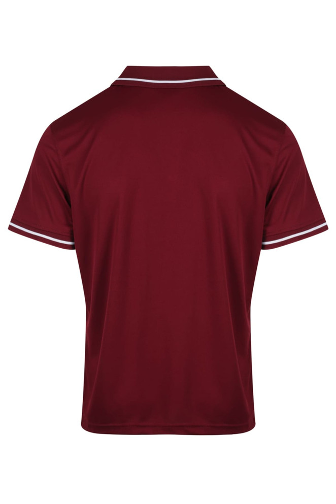 A maroon polo shirt with contrasting white stripes on the collar and sleeves, featuring a logo.