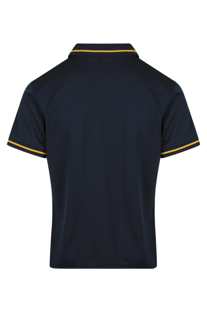 A navy blue polo shirt featuring contrasting yellow stripes on the collar and sleeves, with a logo present.