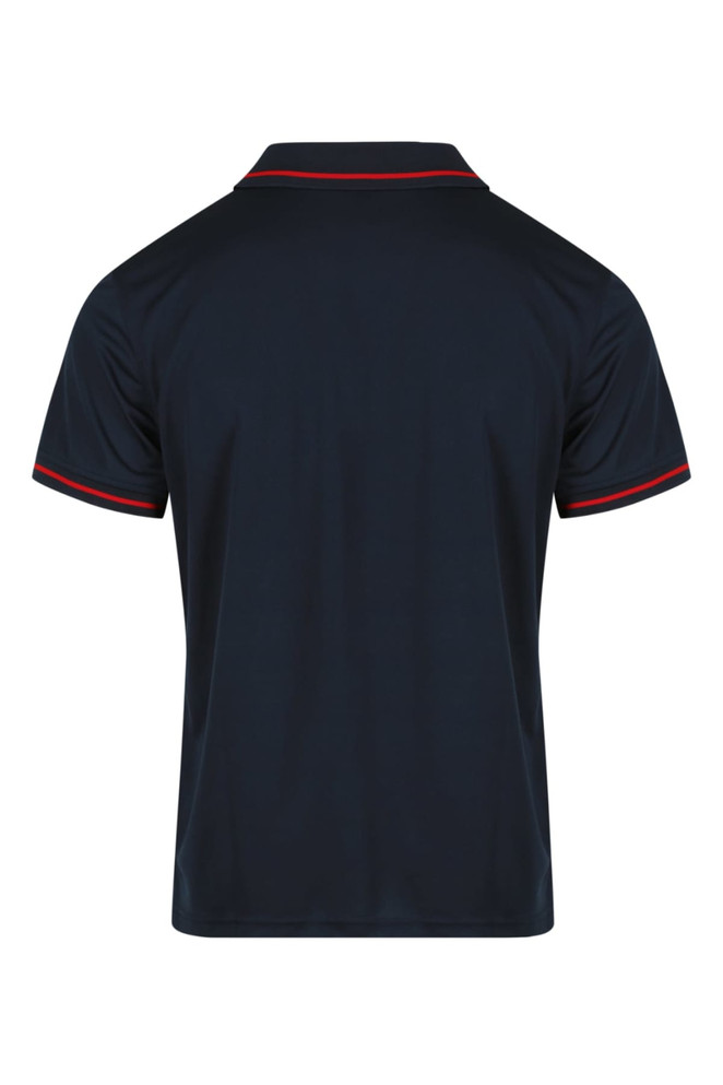 A navy polo shirt with red accents, featuring a collar and short sleeves. The shirt has a logo on it.