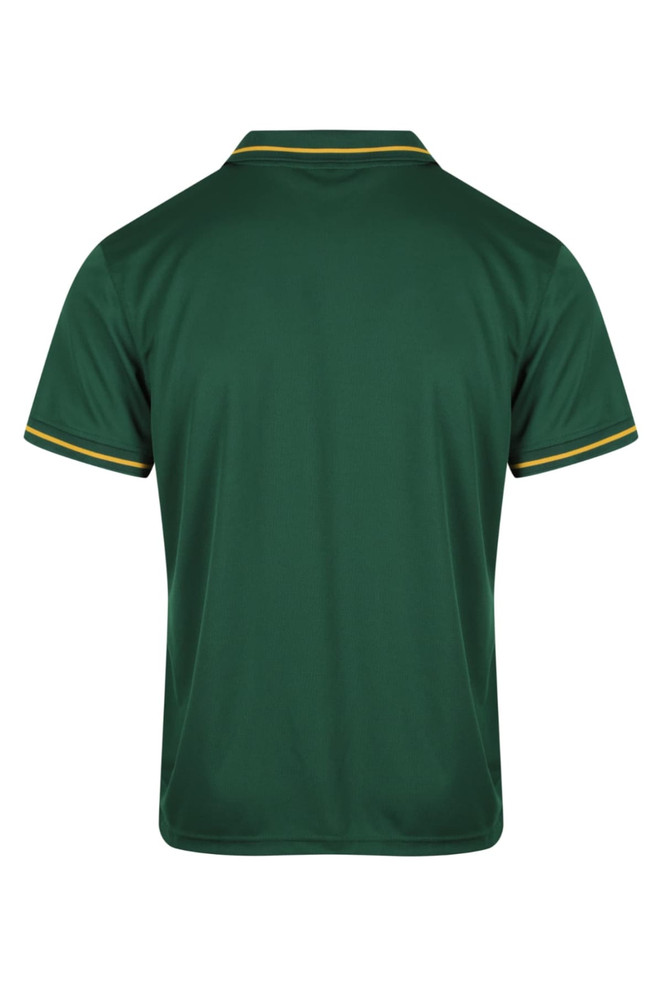 A green polo shirt featuring yellow trim at the collar and sleeves, with a logo on the back.