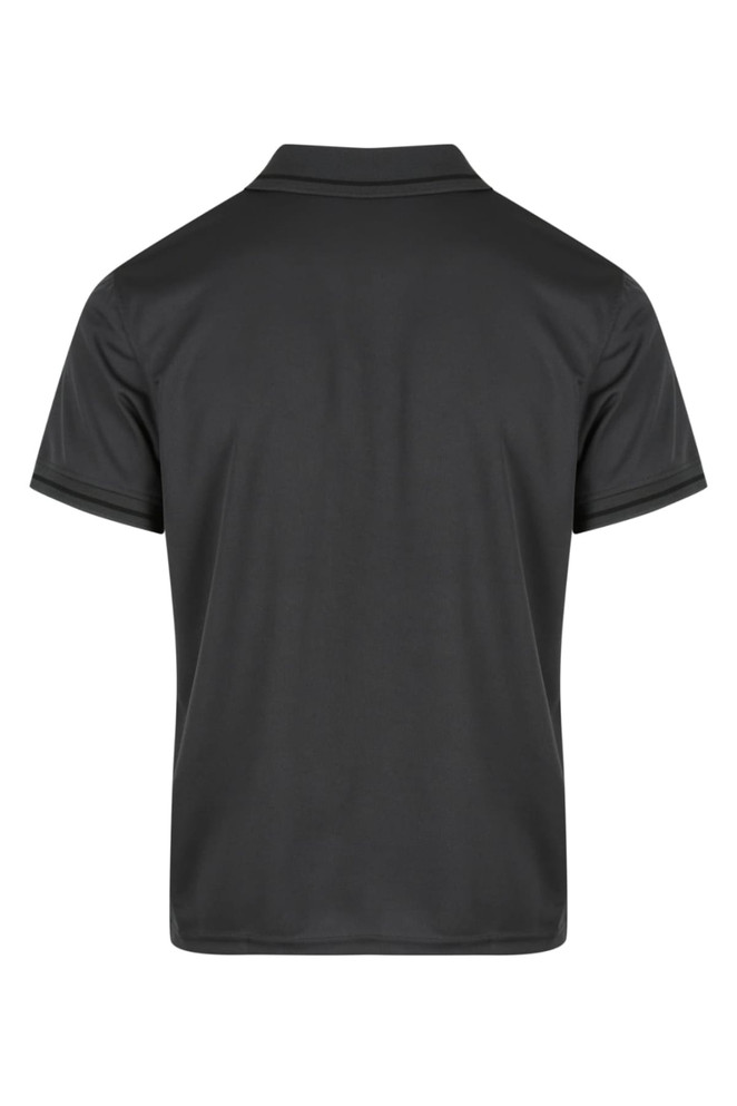 A black polo shirt with a classic collar and short sleeves, featuring a logo on the chest.