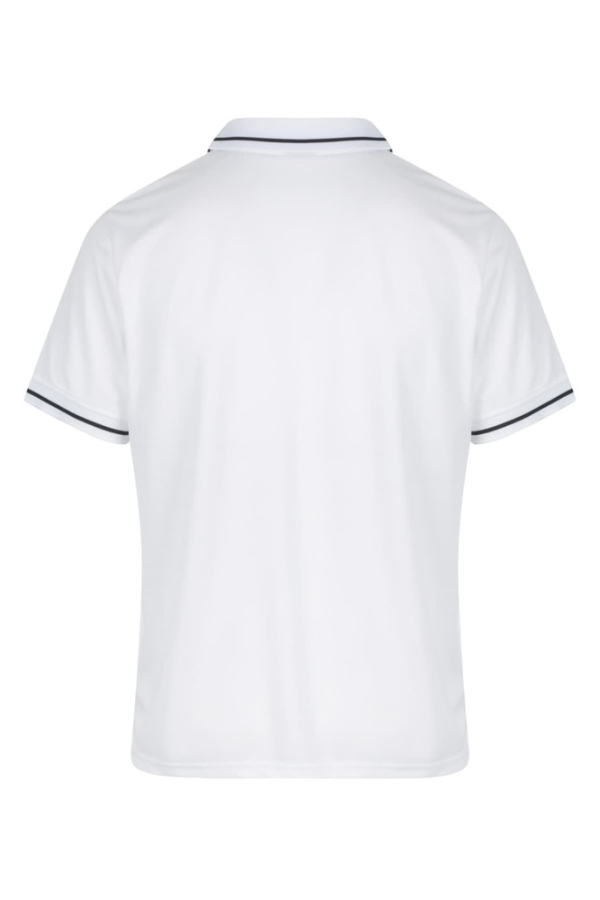 A white men's polo shirt featuring contrasting trim, designed with a classic collar and short sleeves.