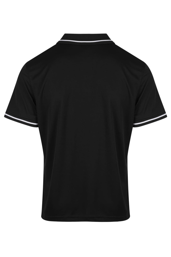 A black polo shirt with a contrasting white trim on the collar and sleeves. It has a logo on the design.