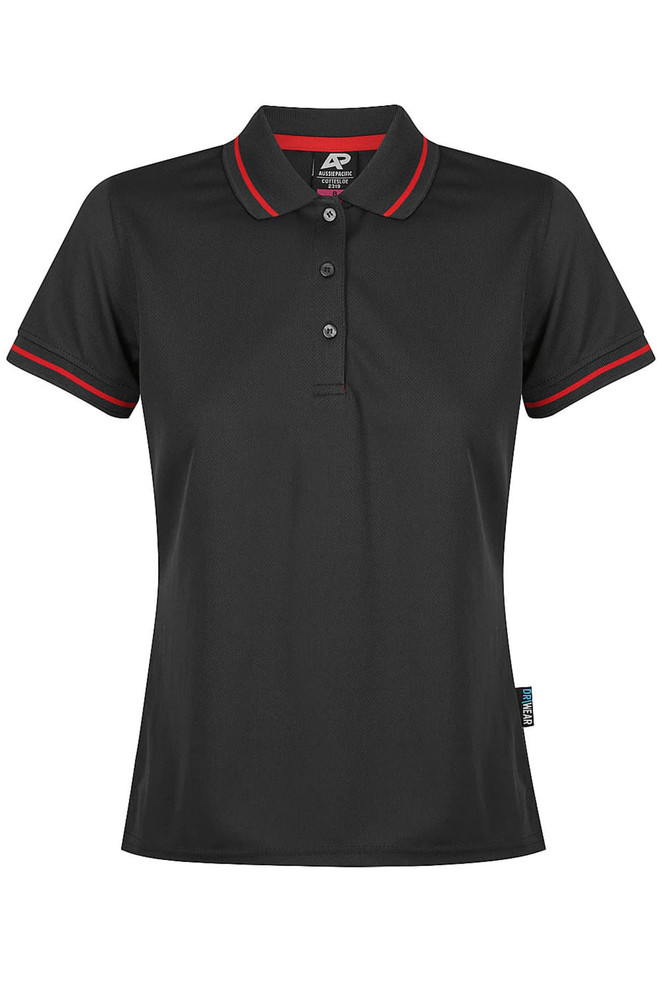 A black polo shirt with red trim, featuring a collar and button closure, along with a logo on the design.