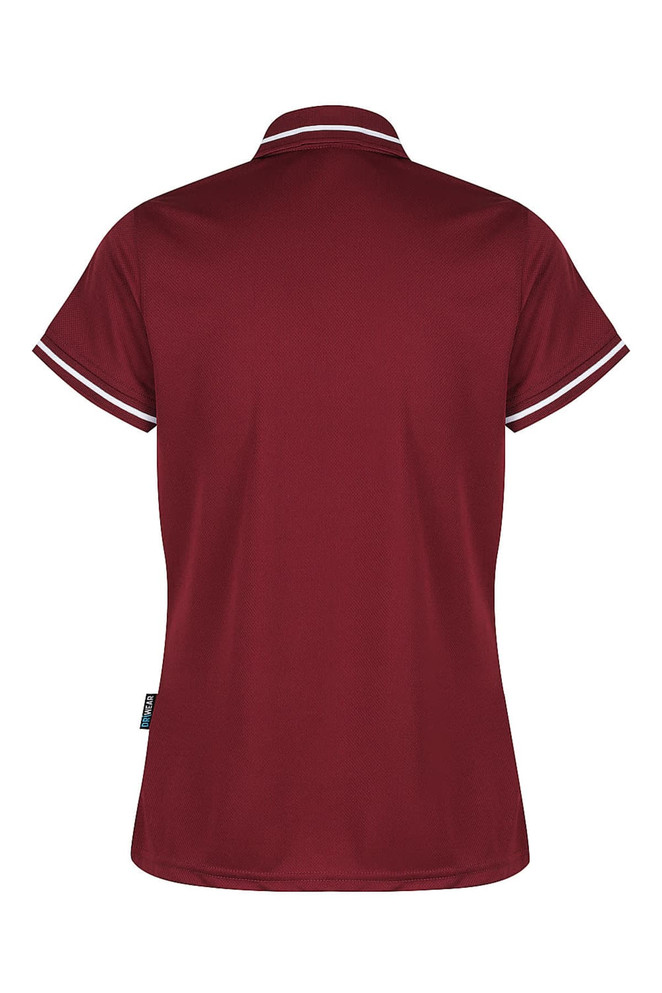 A maroon polo shirt with contrasting stripes on the collar and sleeves, featuring a logo.