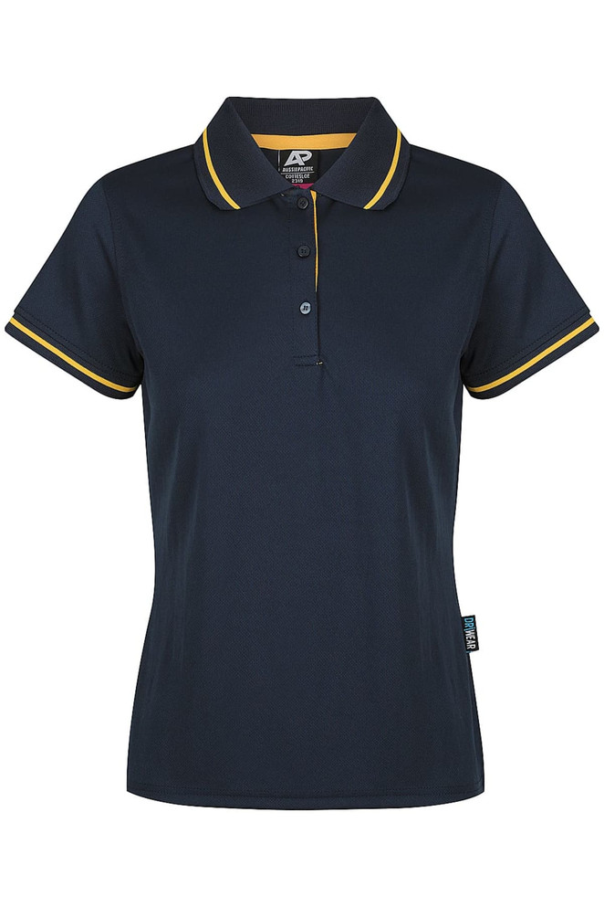A dark navy polo shirt with yellow trim and a logo on the chest. Short sleeves and a classic collar design.