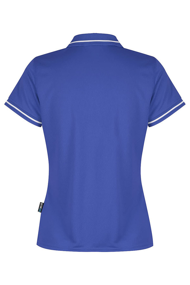 A blue polo shirt with a collar and contrasting trim, featuring a branding logo. Back view displayed.