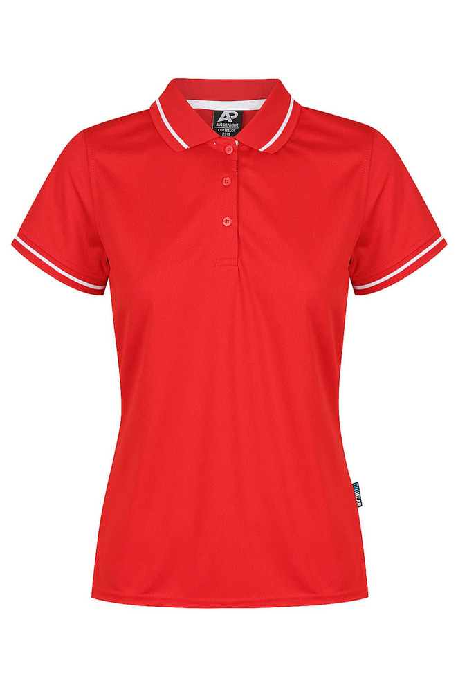 A red polo shirt featuring white trim and a four-button placket. It includes a logo on the side.