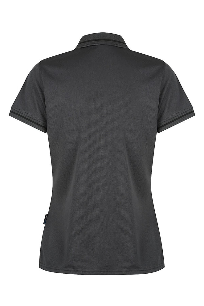 A dark grey polo shirt with a classic collar and short sleeves, featuring a logo on the side.
