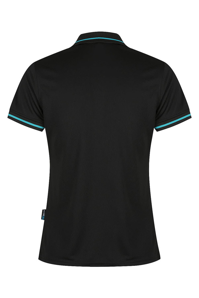 A black polo shirt featuring short sleeves and contrasting teal detailing, designed for women. Includes a logo.